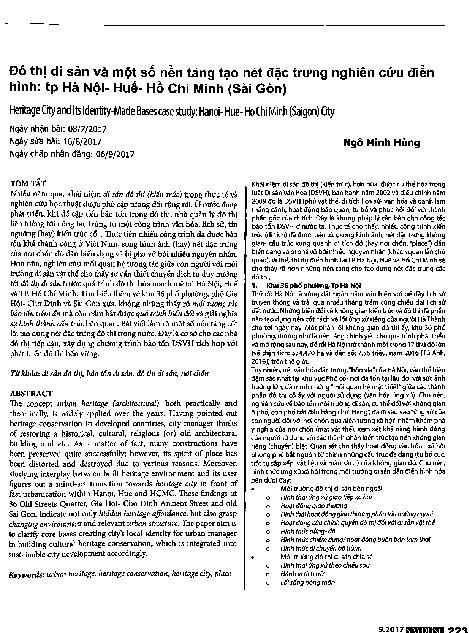 Đô thị di sản và một số nền tảng tạo nét đặc trưng nghiên cứu điển hình: Tp. Hà Nội - Huế - Hồ Chí Minh (Sài Gòn)