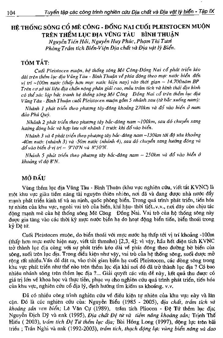 Hệ thống sông Mê Công - Đồng Nai cuối pleistoscen muộn trên thềm lục địa Vũng Tàu - Bình Thuận