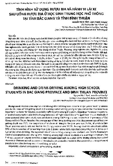 Tình hình sử dụng rượu bia và hành vi lái xe sau uống rượu bia ở học sinh trung học phổ thông tại tỉnh Bắc Giang và tỉnh Bình Thuận