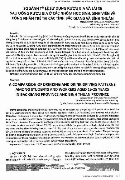So sánh tỷ lệ sử dụng rượu bia và lái xe sau uống rượu bia ở các nhóm học sinh, sinh viên và công nhân trẻ tại các tỉnh Bắc Giang và Bình Thuận