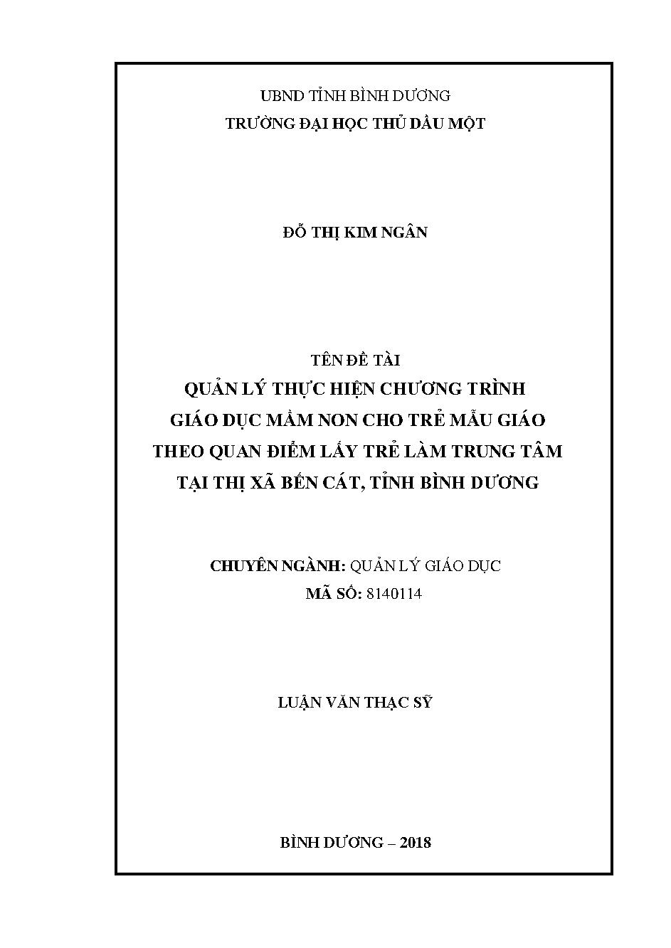 Quản lý thực hiện chương trình giáo dục mầm non cho trẻ mẫu giáo theo quan điểm lấy trẻ làm trung tâm tại thị xã Bến Cát, tỉnh Bình Dương