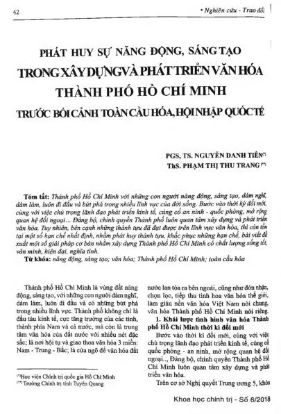 Phát huy sự năng động, sáng tạo trong xây dựng và phát triển văn hóa thành phố Hồ Chí Minh trước bối cảnh toàn cầu hóa, hội nhập quốc tế