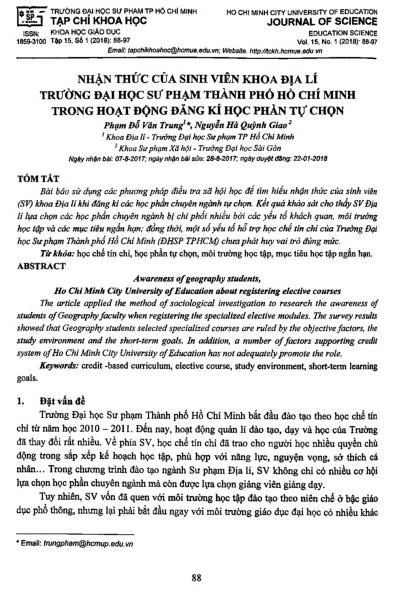 Nhận thức của sinh viên khoa địa lí trường Đại học sư phạm thành phố Hồ Chí Minh trong hoạt động đăng ký học phần tự chọn