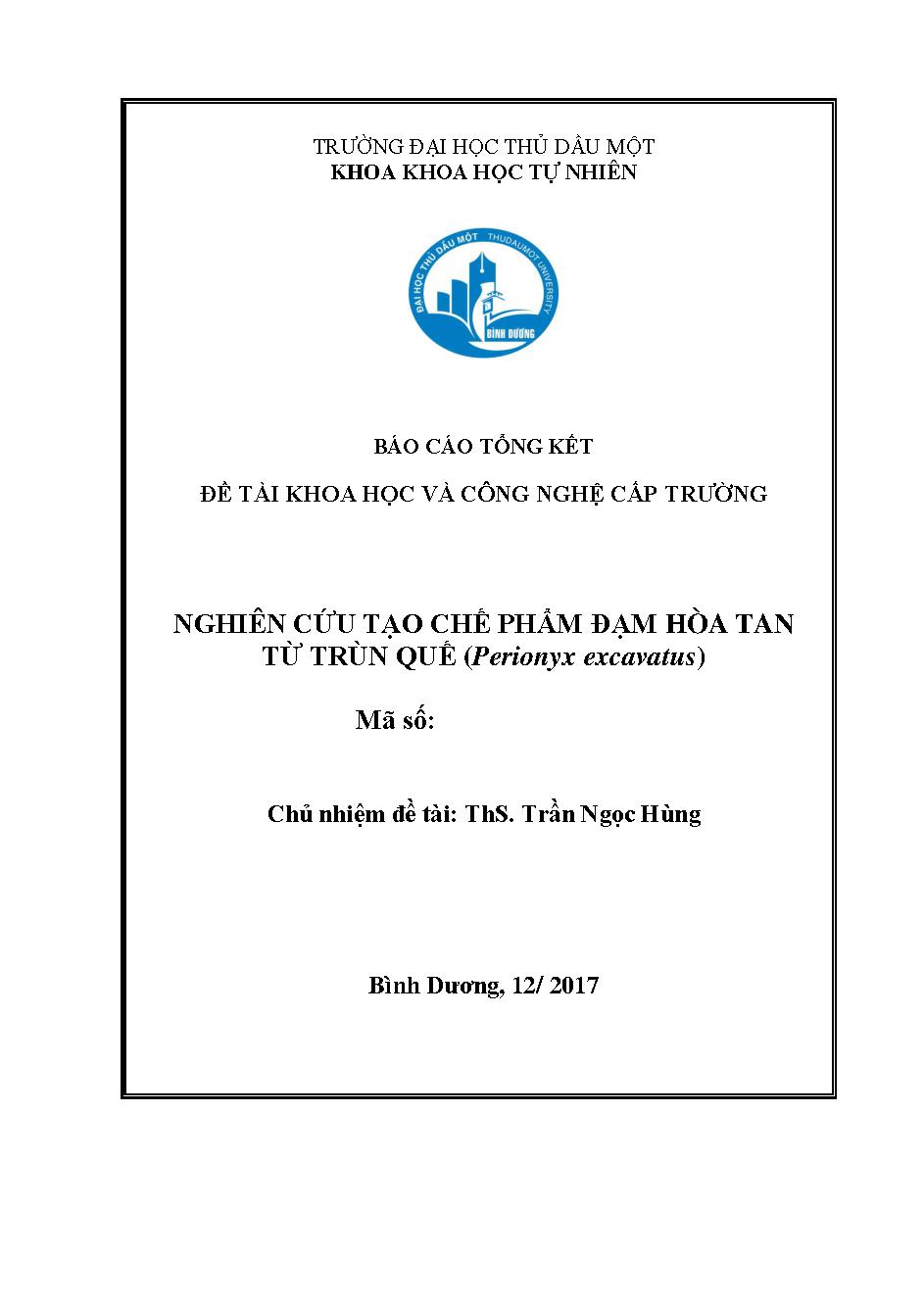 Nghiên cứu chế tạo chế phẩm đạm hòa tan từ trùn quế (Perionyx ecavatus)