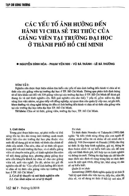 Các yếu tố ảnh hưởng đến hành vi chia sẻ tri thức của giảng viên tại trường đại học ở thành phố Hồ Chí Minh