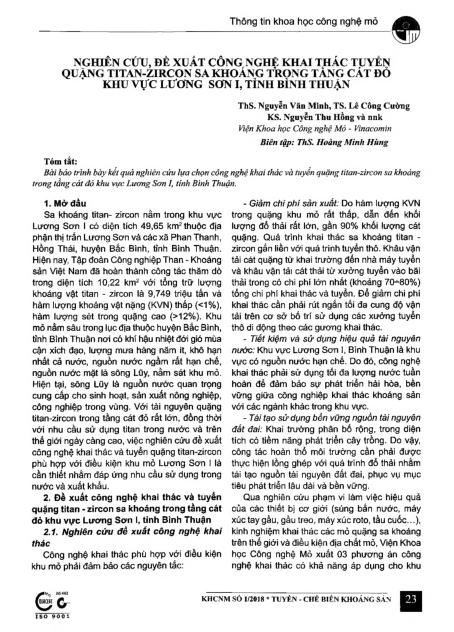 Nghiên cứu, đề xuất công nghệ khai thác tuyển quặng titan-Zircon sa khoáng trong tầng cát đỏ khu vực Lương Sơn I, tỉnh Bình Thuận