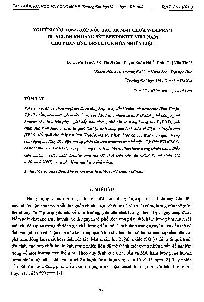 Nghiên cứu tổng hợp xúc tác MCM-41 chứa wolfram từ nguồn khoáng sét bentonite Việt Nam cho phản ứng desulfur hóa nhiên liệu
