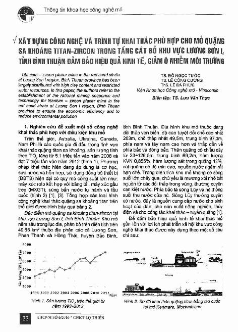 Xây dựng công nghệ và trình tự khai thác phù hợp cho mỏ quặng sa khoáng Titan-zircon trong tầng cát đỏ khu vực Lương Sơn I, tỉnh Bình Thuận đảm bảo hiệu quả kinh tế, giảm ô nhiễm môi trường