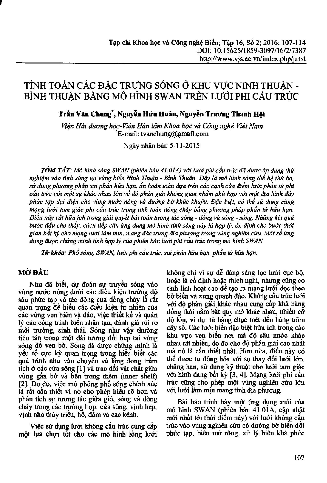 Tính toán các đặc trưng sóng ở khu vực Ninh Thuận - Bình Thuận bằng mô hình swan trên lưới phi cấu trúc