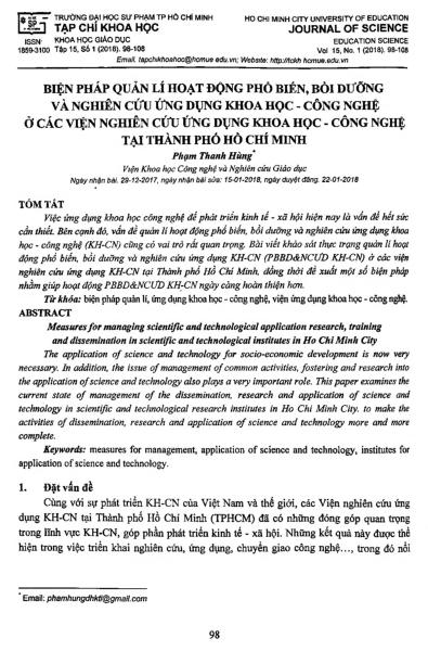 Biện pháp quản lí hoạt động phổ biến, bồi dưỡng và nghiên cứu ứng dụng khoa học- công nghệ ở các viện nghiên cứu ứng dụng khoa học-công nghệ tại thành phố Hồ Chí Minh