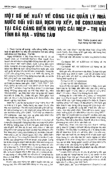 Một số đề xuất về công tác quản lý nhà nước đối với giá dịch vụ xếp, dỡ container tại cảng biển khu vực Cái Mép - Thị Vải tỉnh Bà Rịa - Vũng Tàu