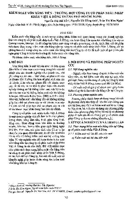 Kiểm soát vốn bằng tiền - trường hợp công ty cổ phần xuất nhập khẩu Việt Á đông thành phố Hồ Chí Minh
