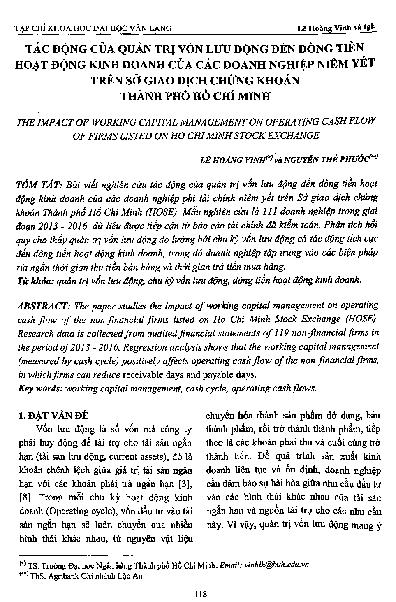 Tác động của quản trị vốn lưu động đến dòng tiền hoạt động kinh doanh của các doanh nghiệp niêm yết trên sở giao dịch chứng khoán thành phố Hồ Chí Minh =$bThe impact of working capital management on operating cash flow of firms listed on Ho Chi Minh stock