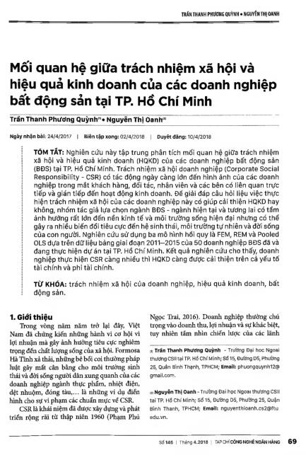 Mối quan hệ giữa trách nhiệm xã hội và hiệu quả kinh doanh của các doanh nghiệp bất động sản tại thành phố Hồ Chí Minh