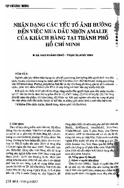 Nhận dạng các yếu tố ảnh hưởng đến việc mua dầu nhờn amalie của khách hàng tại thành phố Hồ Chí Minh