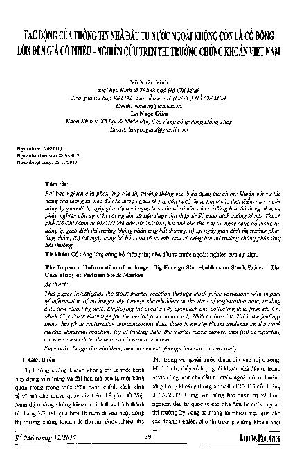 Tác động của thông tin nhà đầu tư nước ngoài không còn là cổ đông lớn đến giá cổ phiếu - Nghiên cứu trên thị trường chứng khoán Việt Nam