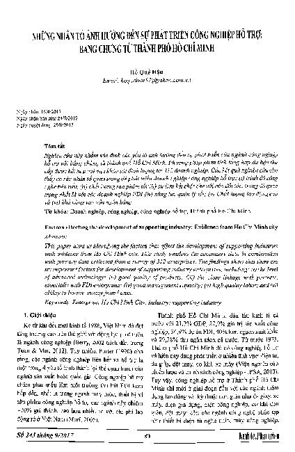 Những nhân tố ảnh hưởng đến sự phát triển công nghiệp hỗ trợ: Bằng chứng từ thành phố Hồ Chí Minh