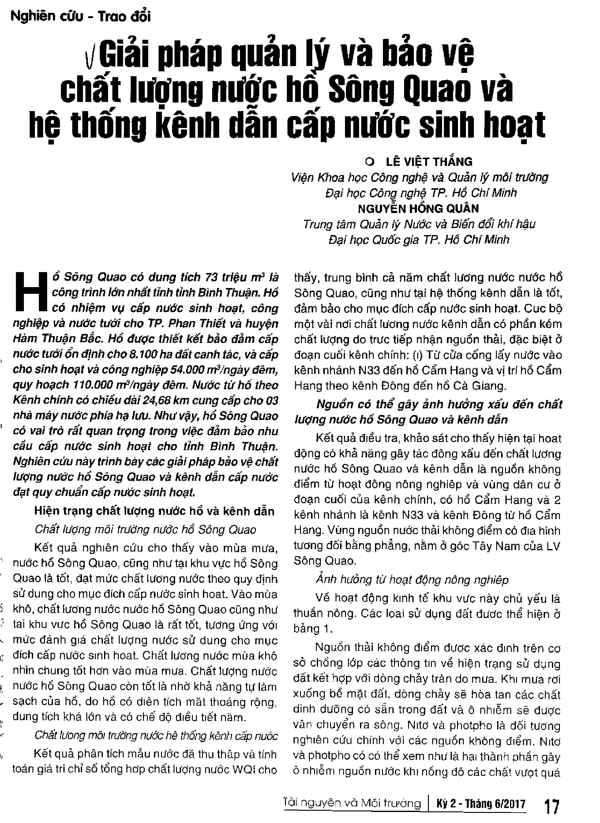 Giải pháp quản lý và bảo vệ chất lượng nước hồ sông Quao và hệ thống kênh dẫn cấp nước sinh hoạt