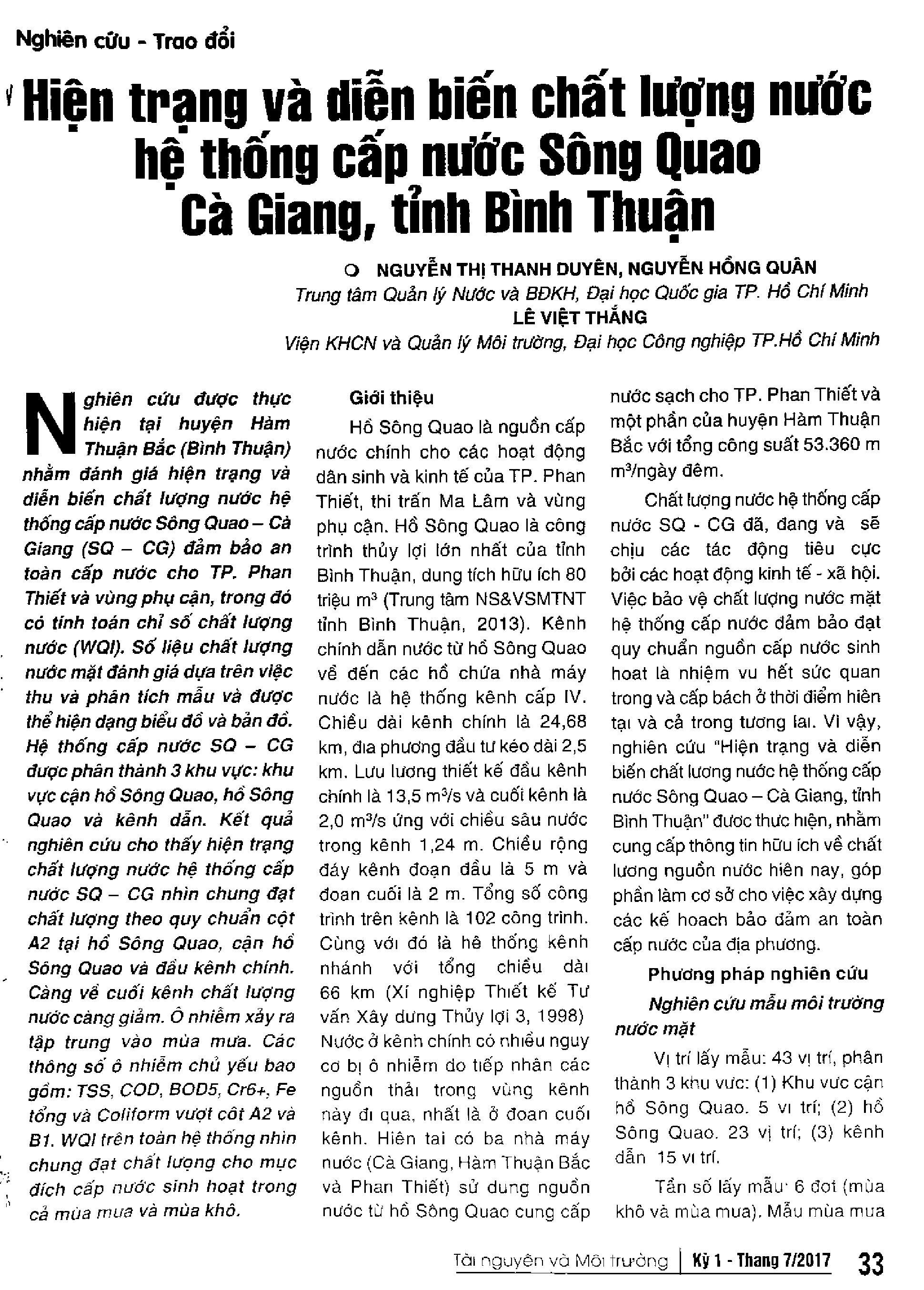 Hiện trạng và diễn biến chất lượng nước hệ thống cấp nước sông Quao Cà Giang, tỉnh Bình Thuận