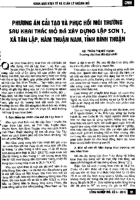 Phương án cải tạo và phục hồi môi trường sau khai thác mỏ đá xây dựng Lập Sơn 1, xã Tân Lập, Hàm Thuận Nam, Bình Thuận