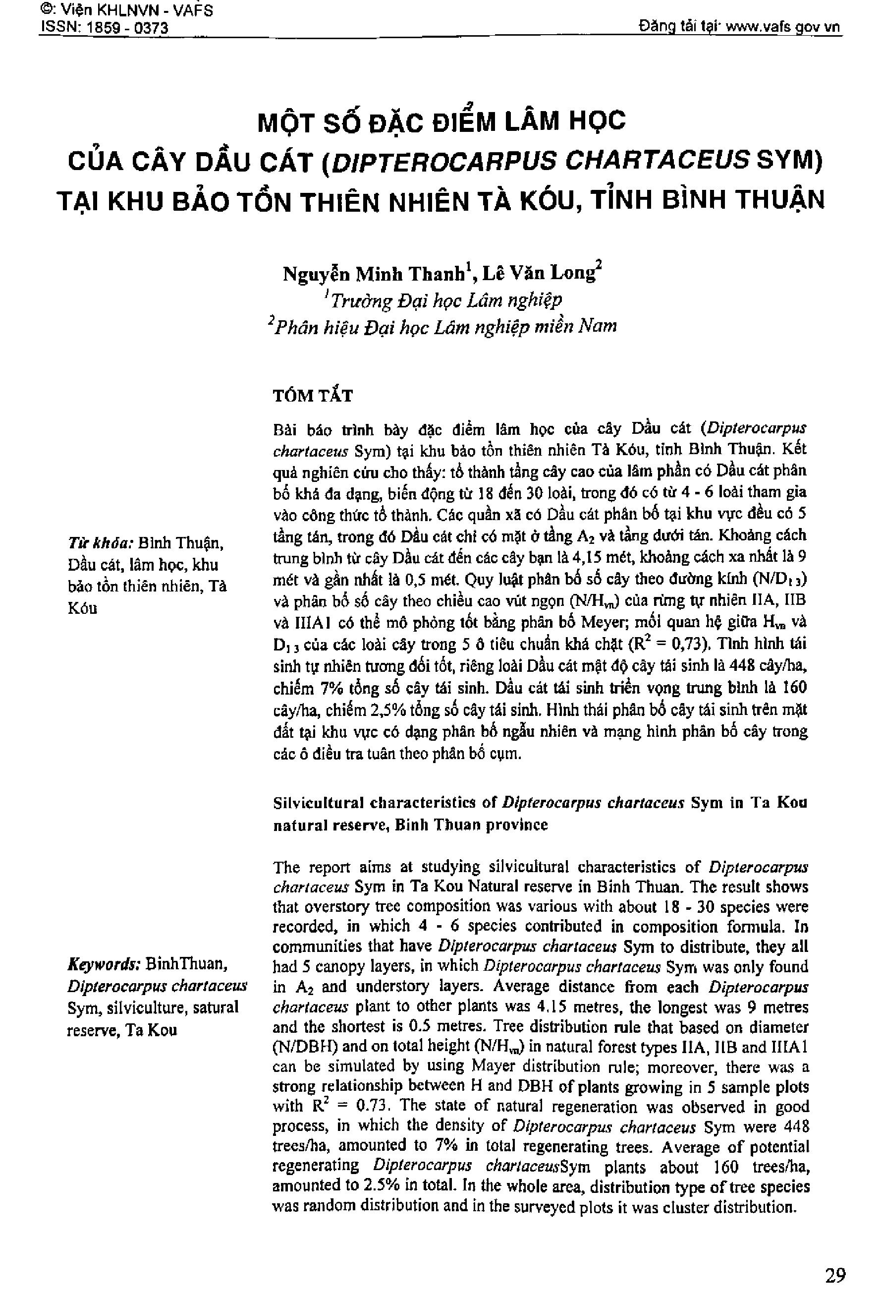 Một số đặc điểm lâm học của cây dầu cát (dipterocarpus chartaceus sym) tại khu bảo tồn thiên nhiên Tà Kóu, tỉnh Bình Thuận