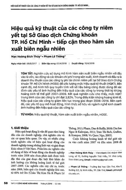 Hiệu quả kỹ thuật của các công ty niêm yết tại sở giao dịch chứng khoán TP. Hồ Chí Minh - tiếp cận theo hàm sản xuất biên ngẫu nhiên