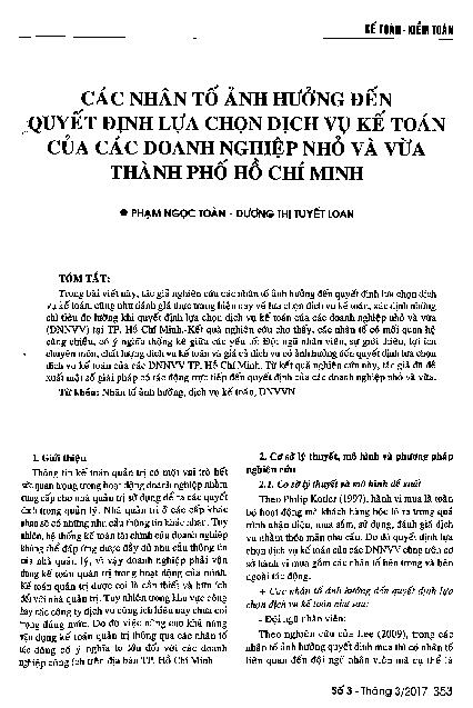 Các nhân tố ảnh hưởng đến quyết định lựa chọn dịch vụ kế toán của các doanh nghiệp nhỏ và vừa thành phố Hồ Chí Minh