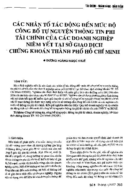 Các nhân tố tác động đến mức độ công bố tự nguyện thông tin phi tài chính của các doanh nghiệp niêm yết tại sở giao dịch chứng khoán thành phố Hồ Chí Minh