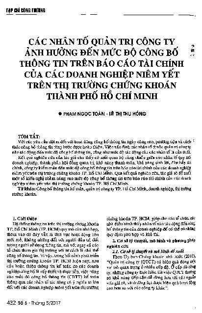 Các nhân tố quản trị công ty ảnh hưởng đến mức độ công bố thông tin trên báo cáo tài chính của các doanh nghiệp niêm yết trên thị trường chứng khoán thành phố Hồ Chí Minh