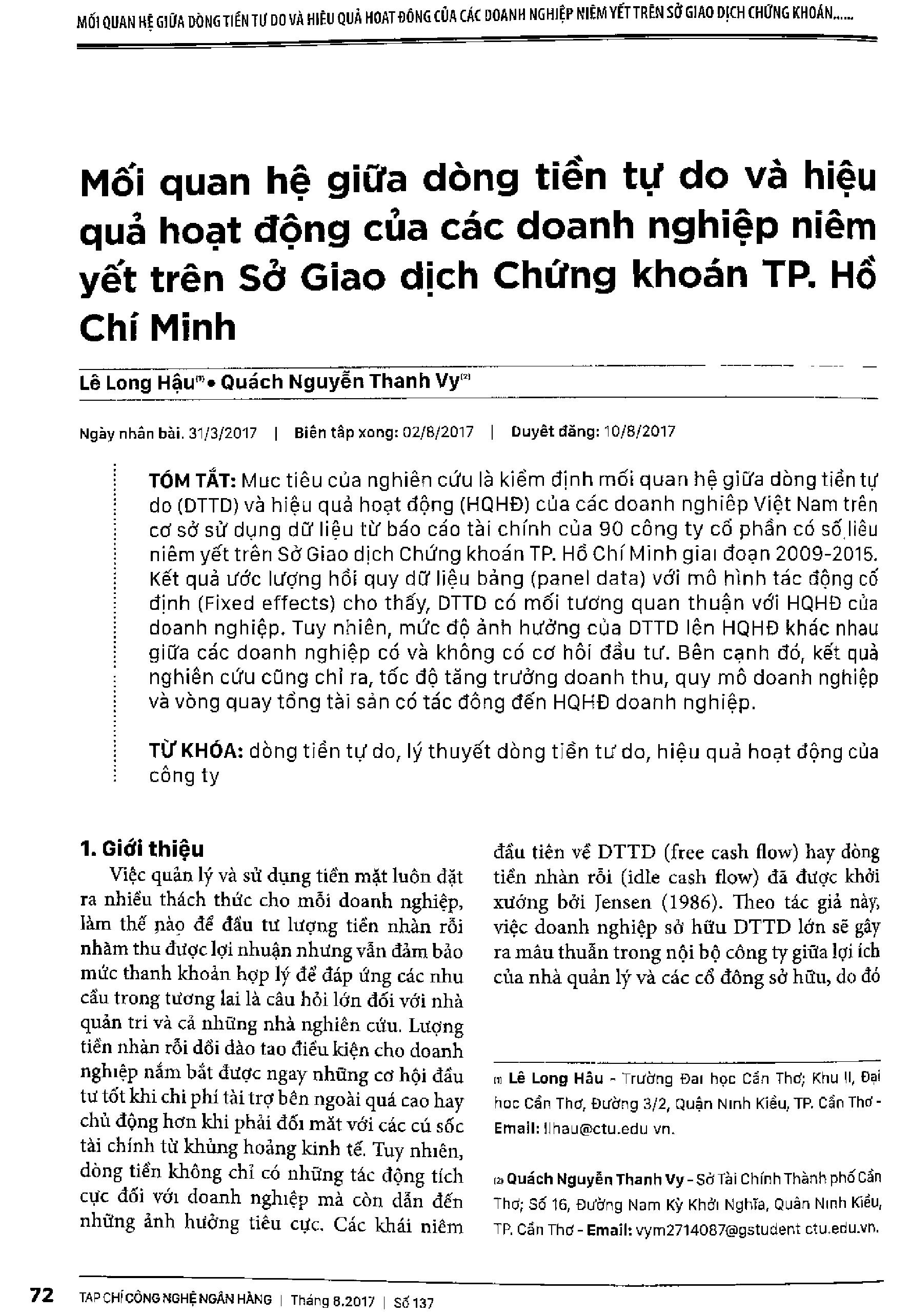 Mối quan hệ giữa dòng tiền tự do và hiệu quả hoạt động của các doanh nghiệp niêm yết trên sở giao dịch chứng khoán TP. Hồ Chí Minh