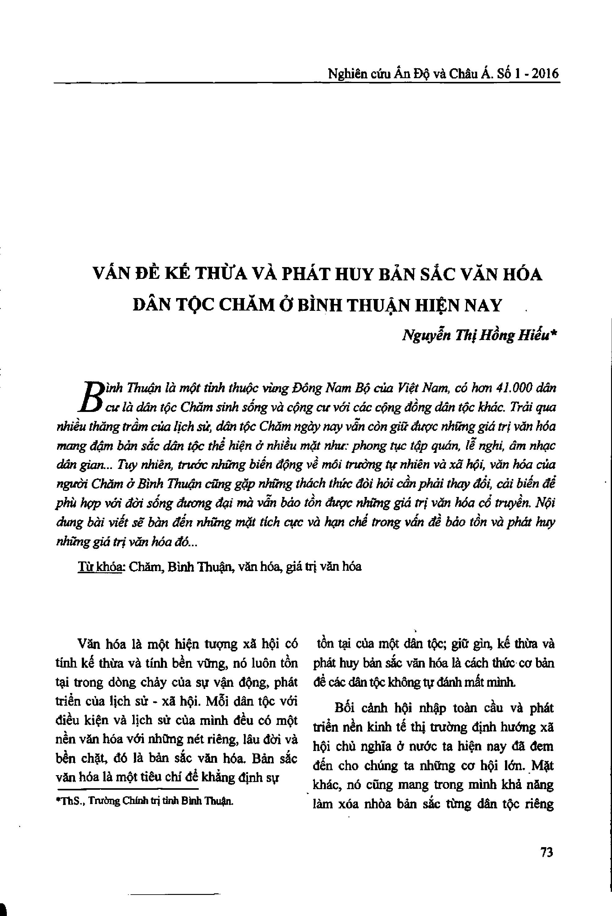 Vấn đề kế thừa và phát huy bản sắc văn hóa dân tộc Chăm ở Bình Thuận hiện nay