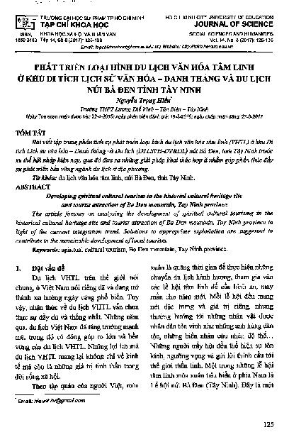 Phát triển loại hình du lịch văn hóa tâm linh ở khu di tích lịch sử văn hóa - danh thắng và du lịch núi Bà Đen tỉnh Tây Ninh