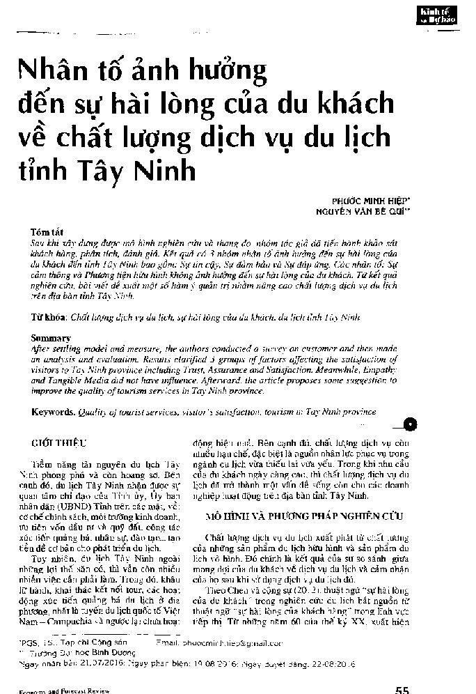 Nhân tố ảnh hưởng đến sự hài lòng của du khách về chất lượng dịch vụ du lịch tỉnh Tây Ninh