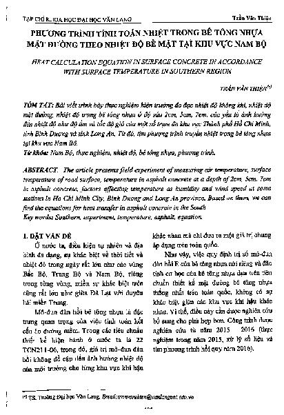 Phương trình tính toán nhiệt trong bê tông nhựa mặt đường theo nhiệt độ bề mặt tại khu vực Nam Bộ