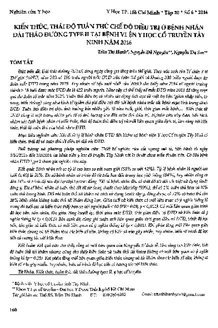 Kiến thức,  thái độ tuân thủ  chế độ điều trị ở bệnh nhân đái tháo đường type II tại bệnh viện y học cổ truyền Tây Ninh năm 2016