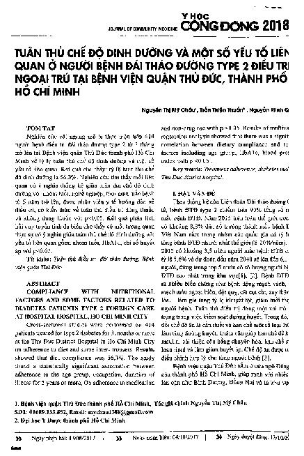 Tuân thủ chế độ dinh dưỡng và một số yếu tố liên quan ở người bệnh đái tháo đường type 2 điều trị ngoại trú tại bệnh viện Thủ Đức, thành phố Hồ Chí Minh