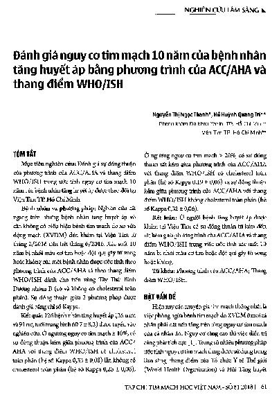 Đánh giá nguy cơ tim mạch 10 năm của bệnh nhân tăng huyết áp bằng phương trình của ACC/AHA và thang điểm WHO/ISH