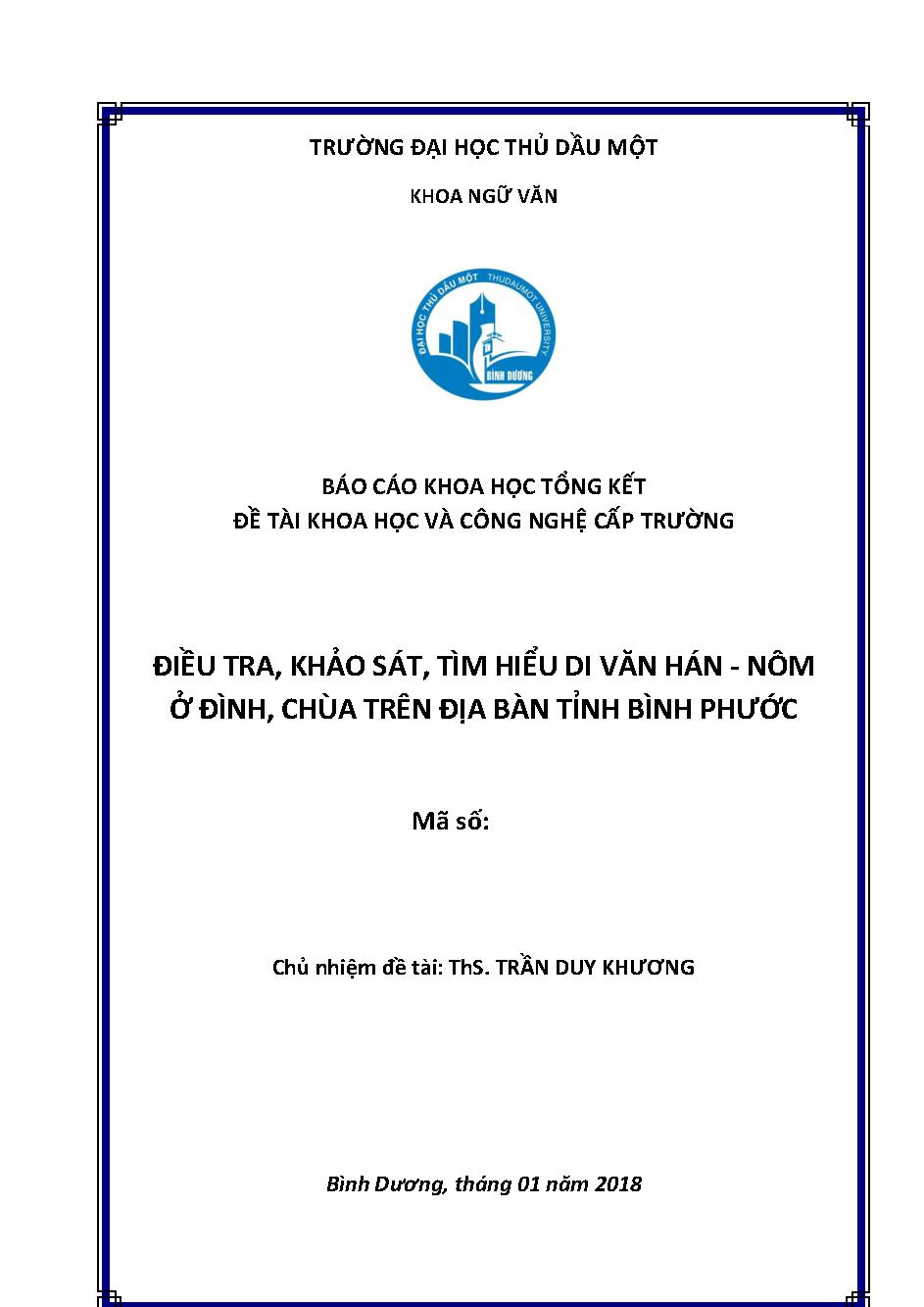 Điều tra, khảo sát, tìm hiểu di văn Hán nôm trong các đình, chùa trên địa bàn tỉnh Bình Phước