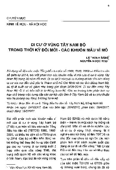 Di cư ở vùng Tây Nam Bộ trong thời kỳ đổi mới - các khuôn mẫu vĩ mô