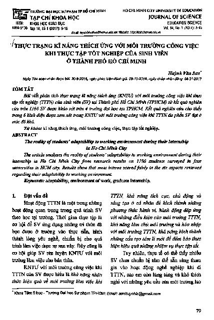 Thực trạng kĩ năng thích ứng với môi trường  công việc khi thực tập tốt nghiệp của sinh viên ở thành phố Hồ Chí Minh