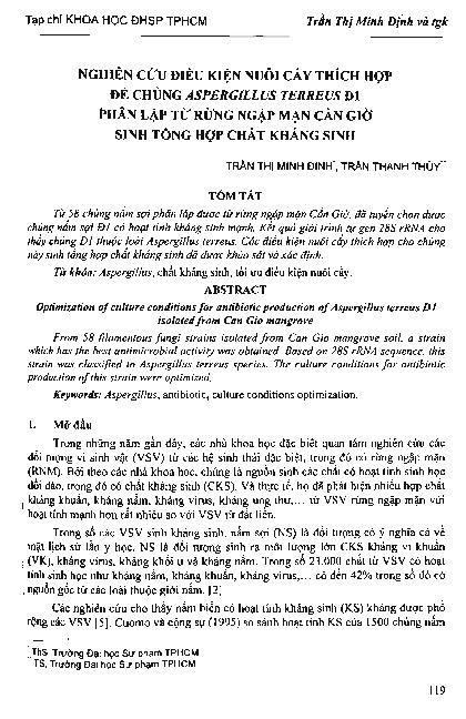 Nghiên cứu điều kiện nuôi cấy thích hợp để chủng aspergillus terseus Đ1 phân lập từ rừng ngập mặn Cần Giờ sinh tổng hợp chất kháng sinh