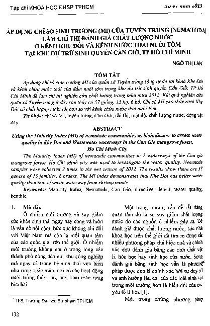 Áp dụng chỉ số sinh trưởng (MI) của tuyến trùng (nematoda) làm chỉ thi đánh giá chất lượng nước ở kênh khe đôi và kênh nước thải nuôi tôm tại khu dự trữ sinh quyển Cần Giờ, TP. Hồ Chí Minh