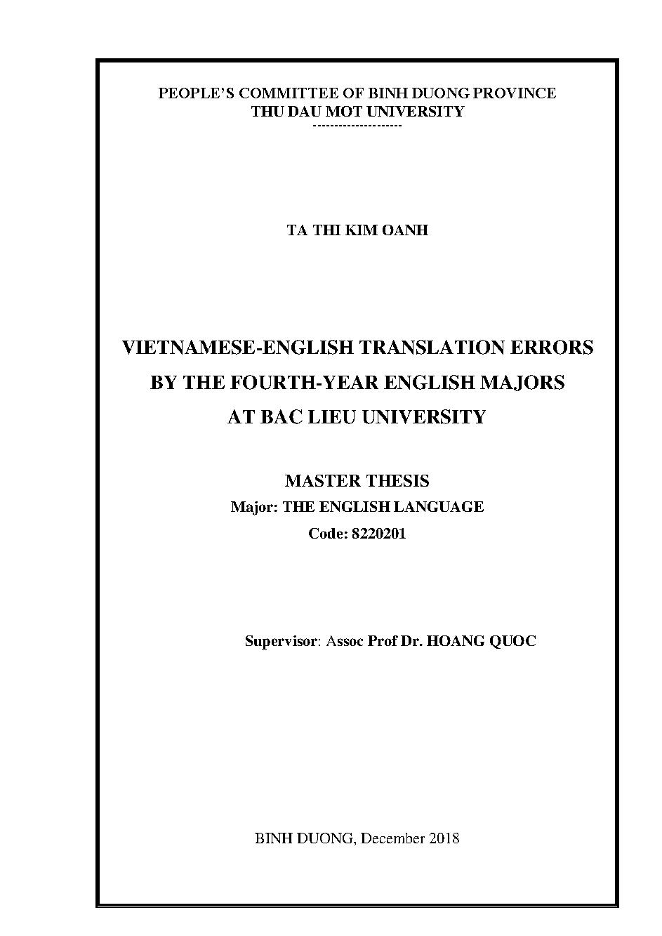 Vietnamese - English translation errors by the fourth - year english majors at Bac Lieu University