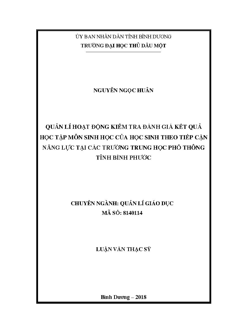 Quản lí hoạt động kiểm tra đánh giá kết quả học tập môn sinh học của học sinh theo tiếp cận năng lực tại các trường trung học phổ thông tỉnh Bình Phước