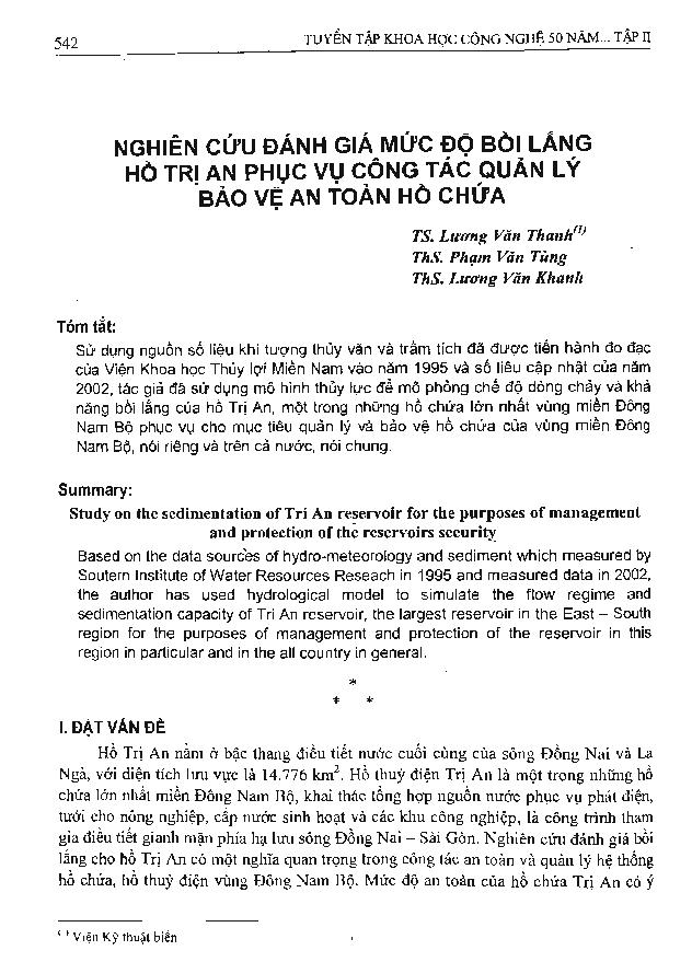 Nghiên cứu đánh giá mức độ bồi lắng hồ Trị An phục vụ công tác quản lý bảo vệ an toàn hồ chứa