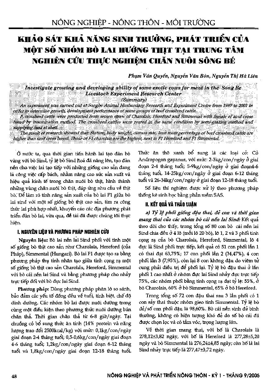 Khảo sát khả năng sinh trưởng, phát triển của một số nhóm bò lai hướng thịt tại trung tâm nghiên cứu thực nghiệm chăn nuôi Sông Bé