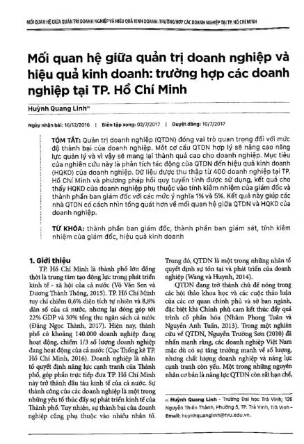 Mối quan hệ giữa quản trị doanh nghiệp và hiệu quả kinh doanh: Trường hợp các doanh nghiệp tại TP. Hồ Chí Minh