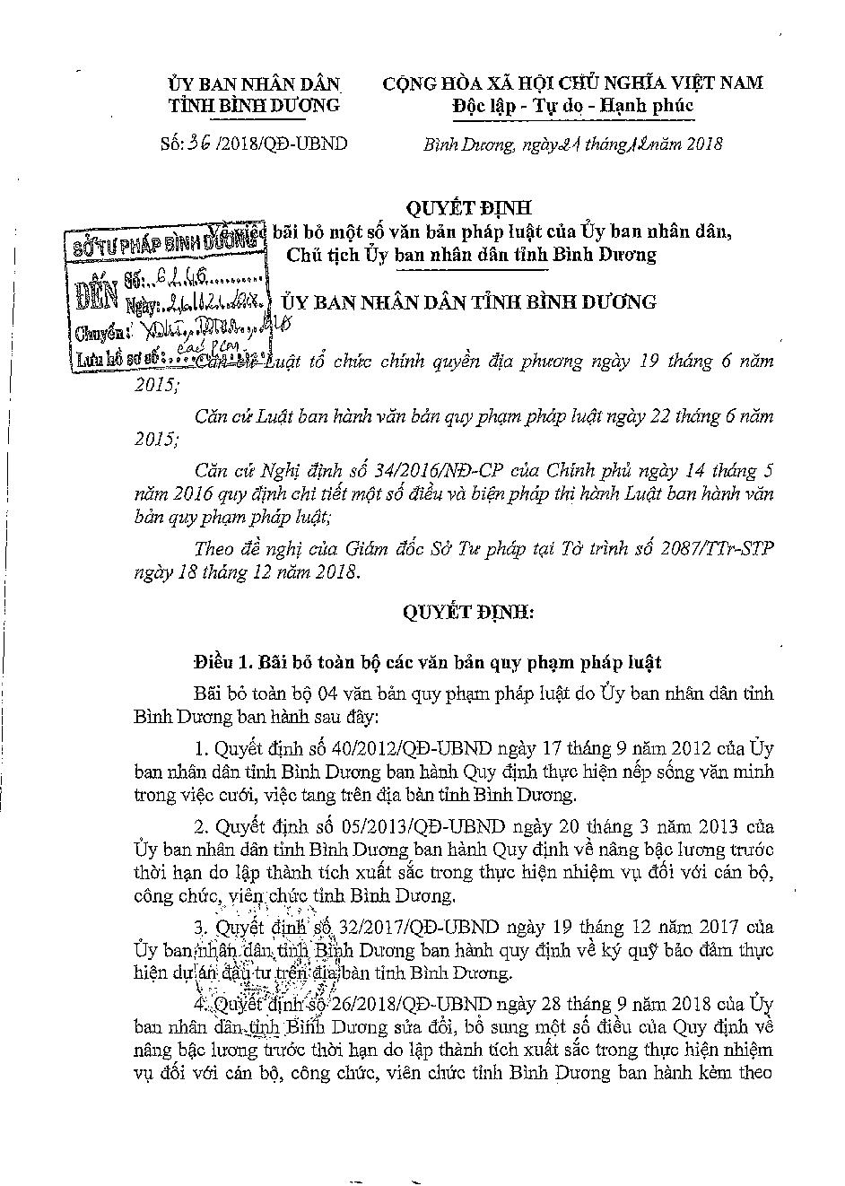 Quyết định 36/2018/QĐ-UBND Về việc bãi bỏ một số văn bản pháp luật của Ủy ban nhân dân, Chủ tịch Ủy ban nhân dân tỉnh Bình Dương