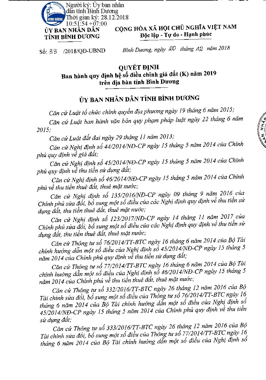 Quyết định số 33/2018/QĐ-UBND Ban hành quy định hệ số điều chỉnh giá đất (K) năm 2019 trên địa bàn tỉnh Bình Dương