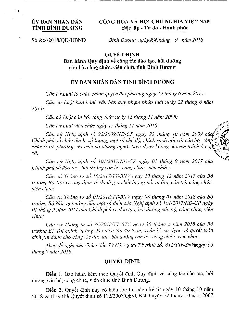 Quyết định 25/2018/QĐ-UBND Ban hành quy định về công tác đào tạo, bồi dưỡng cán bộ, công chức, viên chức tỉnh Bình Dương